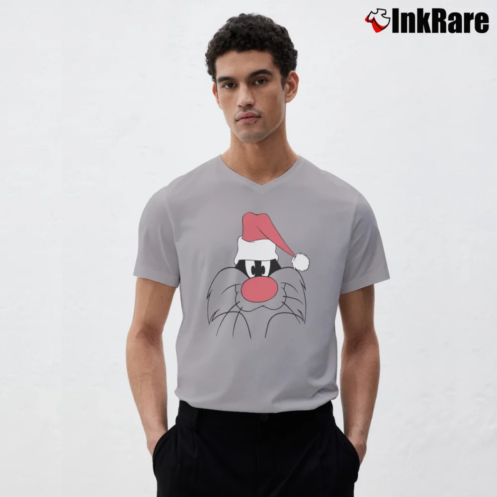 Men’s 90s Sylvester Santa Claus Looney Tunes Christmas V-Neck Tee in sport grey | Sharp, Breathable, Everyday Staple