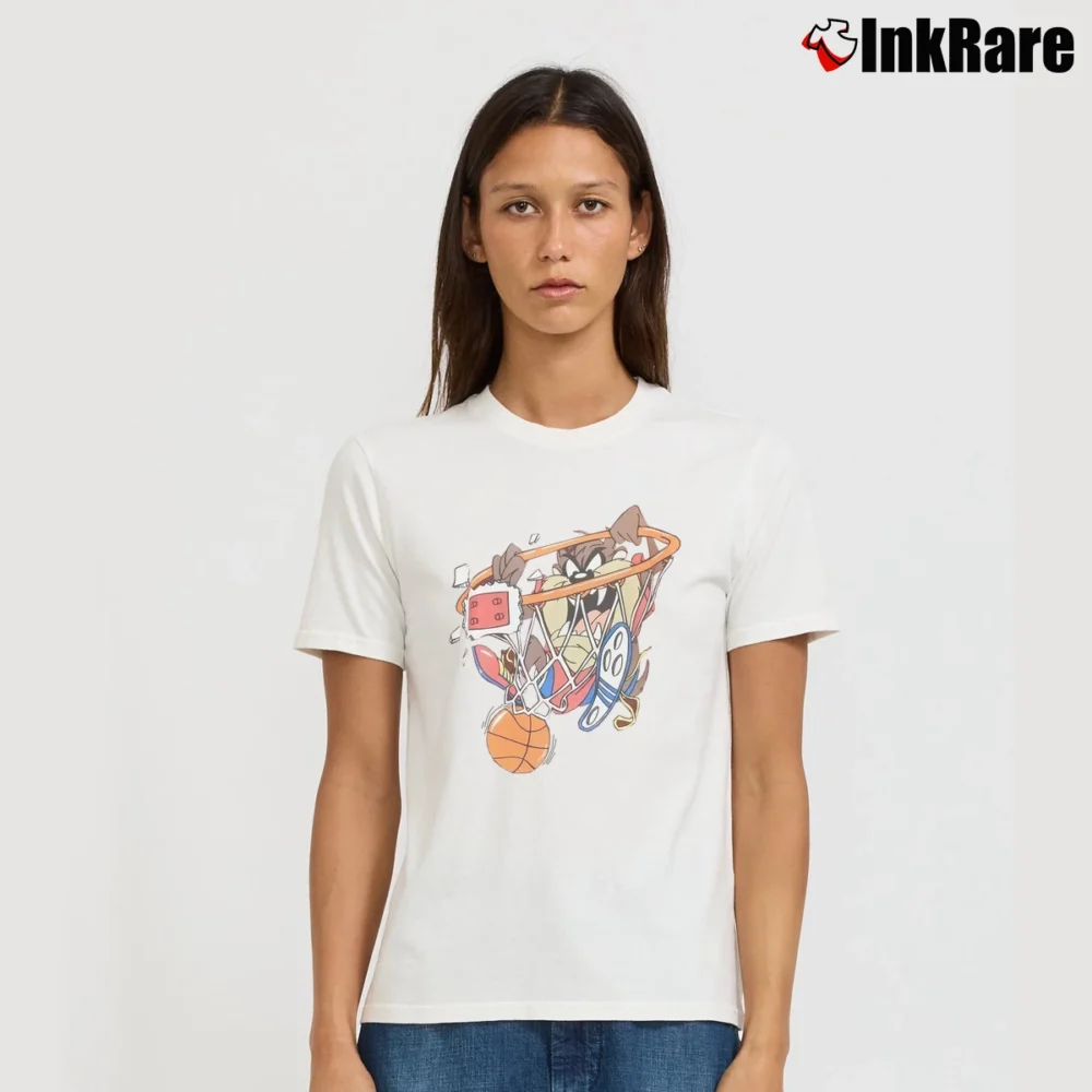Women’s 90s Tasmanian Devil Looney Tunes Basketball Signature T-Shirt in white | Soft, Flattering Fit
