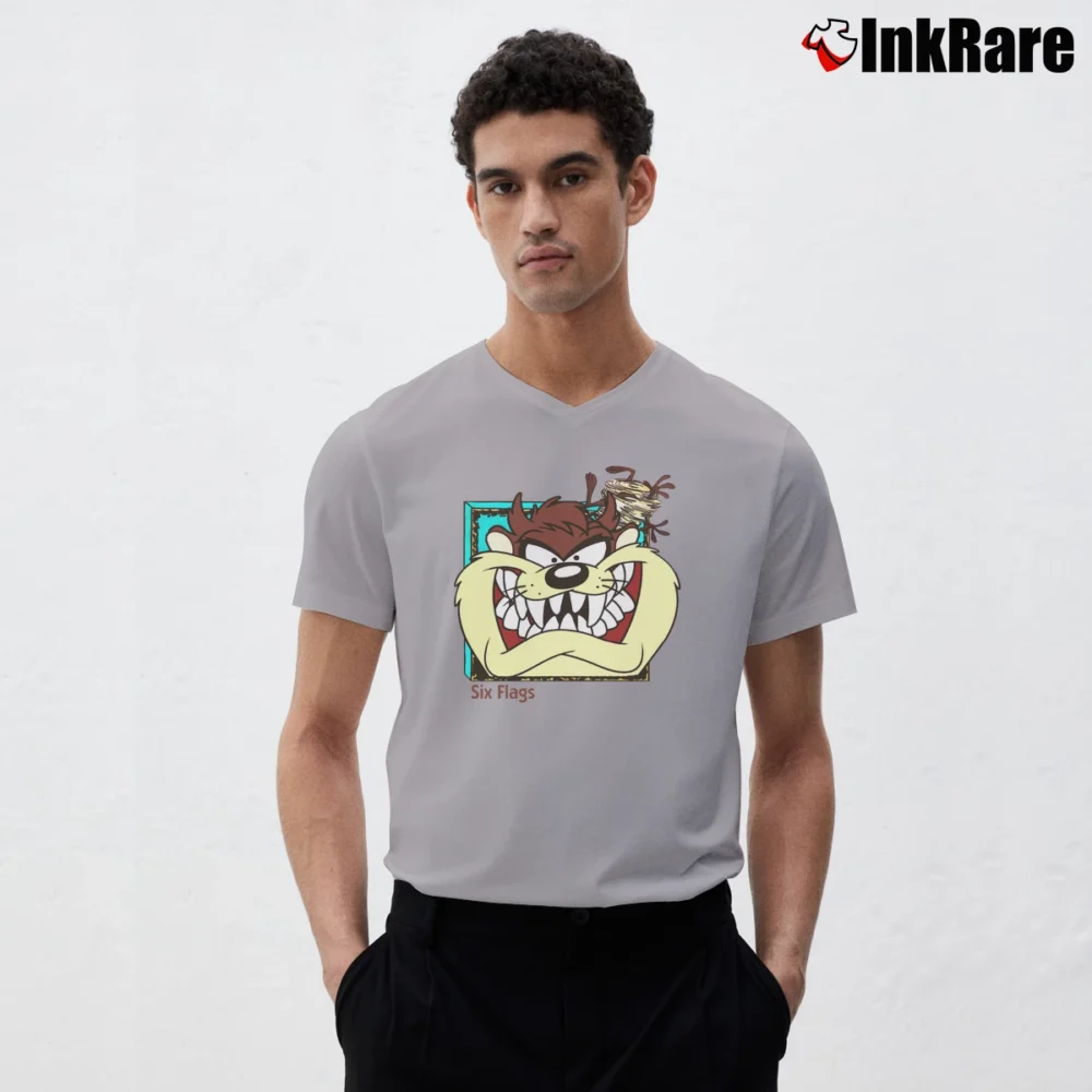 Men’s 90s Taz Tasmanian Devil Six Flags Looney Tunes V-Neck Tee in sport grey | Sharp, Breathable, Everyday Staple