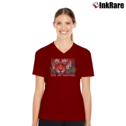 Women’s 90s Tiger Eye Survival Distressed V-Neck Tee in maroon | Chic Neckline, Soft Texture