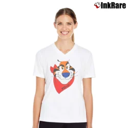 Women’s 90s Tony The Tiger Frosted Flakes V-Neck Tee in white | Chic Neckline, Soft Texture