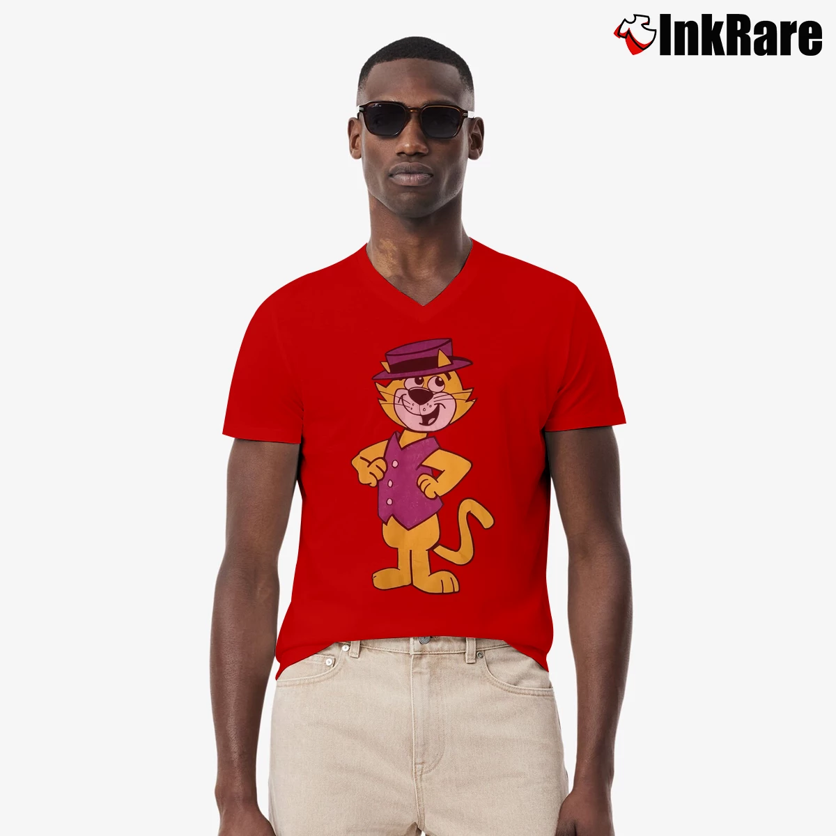 Men’s 90s Top Cat Animated TV Series Promo V-Neck Tee in red | Sharp, Breathable, Everyday Staple