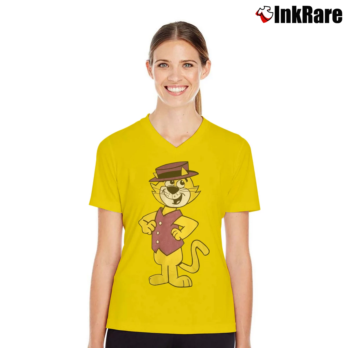 Women’s 90s Top Cat Animated TV Series Promo V-Neck Tee in yellow | Chic Neckline, Soft Texture
