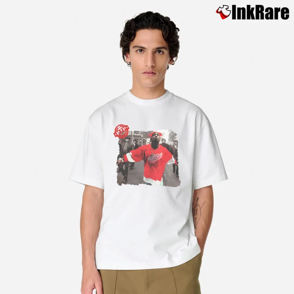 Men’s 90s Tupac Shakur 2pac Wearing Detroit Red Wing Hip Hop Rap Hype Dope Swag Classic T-Shirt in white | Soft, Breathable Everyday Wear
