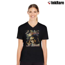 Women’s 90s Tupac Shakur Only God Can Judge Me V-Neck Tee in black | Chic Neckline, Soft Texture