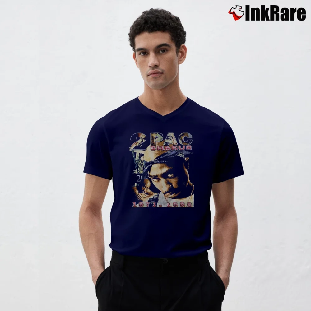Men’s 90s Tupac Shakur Only God Can Judge Me V-Neck Tee in navy | Sharp, Breathable, Everyday Staple