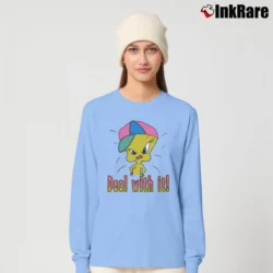 Women’s 90s Tweety Bird Deal With It Looney Tunes Graphic Long-Sleeve Top in light blue | Sleek, Versatile, All-Season