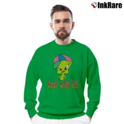 Men’s 90s Tweety Bird Deal With It Looney Tunes Graphic Crewneck Sweatshirt in irish green | Cozy Fabric, Clean Style
