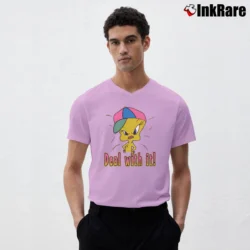 Men’s 90s Tweety Bird Deal With It Looney Tunes Graphic V-Neck Tee in light pink | Sharp, Breathable, Everyday Staple