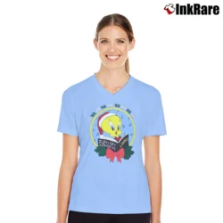 Women’s 90s Tweety Bird Looney Tunes Christmas Graphic V-Neck Tee in light blue | Chic Neckline, Soft Texture