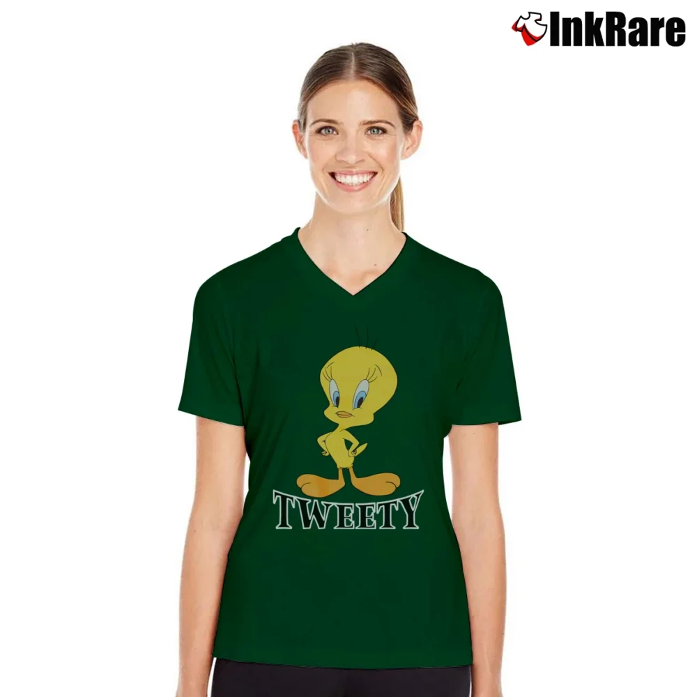 Women’s 90s Tweety Bird Looney Tunes V-Neck Tee in forest green | Chic Neckline, Soft Texture