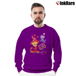 Men’s 90s Tweety Halloween Looney Tunes Crewneck Sweatshirt in purple | Cozy Fabric, Clean Style