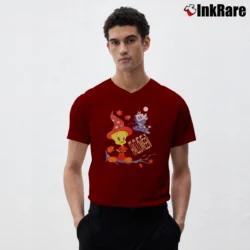Men’s 90s Tweety Halloween Looney Tunes V-Neck Tee in maroon | Sharp, Breathable, Everyday Staple
