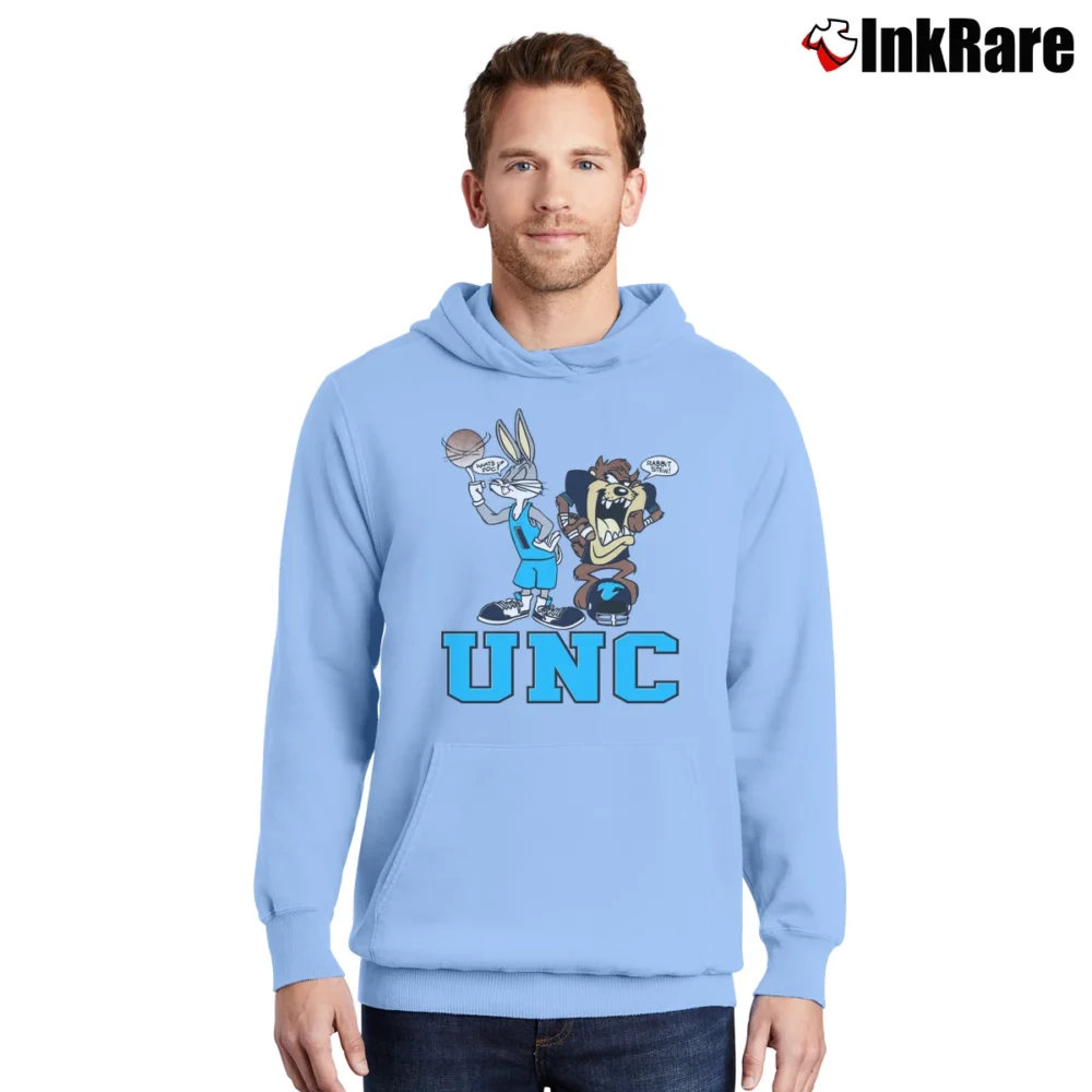 Men’s 90s UNC Tar Heels Looney Tunes Bugs Bunny Taz Pullover Hoodie in light blue | Cozy, Durable, Modern Fit
