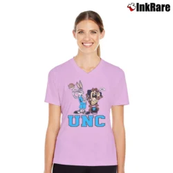 Women’s 90s UNC Tar Heels Looney Tunes Bugs Bunny Taz V-Neck Tee in light pink | Chic Neckline, Soft Texture