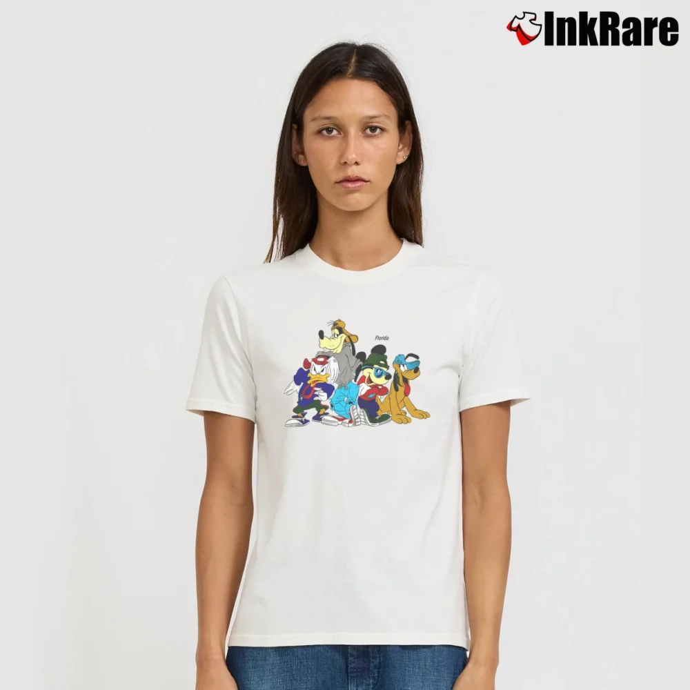Women’s 90s Walt Disney Characters Mickey Mouse Goofy Rap Hip Hop Cool Signature T-Shirt in white | Soft, Flattering Fit