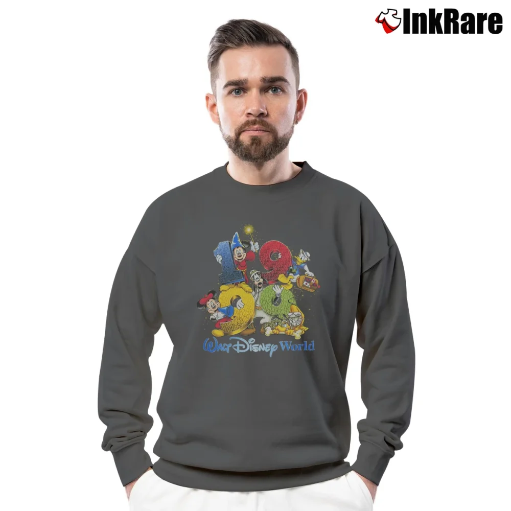 Men’s 90s Walt Disney World 1999 Party Adventure Mickey Minnie Donald Goofy Crewneck Sweatshirt in charcoal | Cozy Fabric, Clean Style
