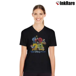 Women’s 90s Walt Disney World 1999 Party Adventure Mickey Minnie Donald Goofy V-Neck Tee in black | Chic Neckline, Soft Texture