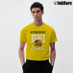 Men’s 90s WKU Western Kentucky University Hilltoppers Mascot Big Logo College V-Neck Tee in yellow | Sharp, Breathable, Everyday Staple