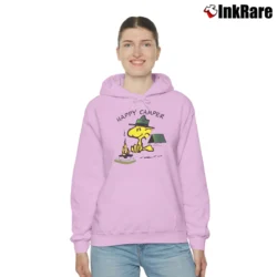 Women’s 90s Woodstock Happy Camper Peanuts Cozy Hoodie in light pink | Warm, Structured, Stylish