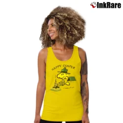 Women’s 90s Woodstock Happy Camper Peanuts Tank Top in yellow | Lightweight, Movement-Friendly