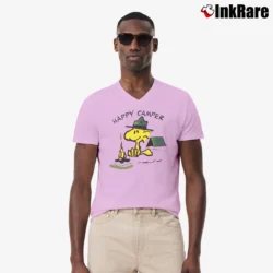 Men’s 90s Woodstock Happy Camper Peanuts V-Neck Tee in light pink | Sharp, Breathable, Everyday Staple