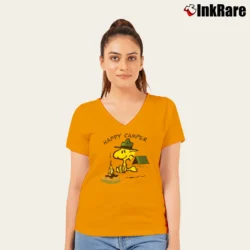 Women’s 90s Woodstock Happy Camper Peanuts V-Neck Tee in orange | Chic Neckline, Soft Texture