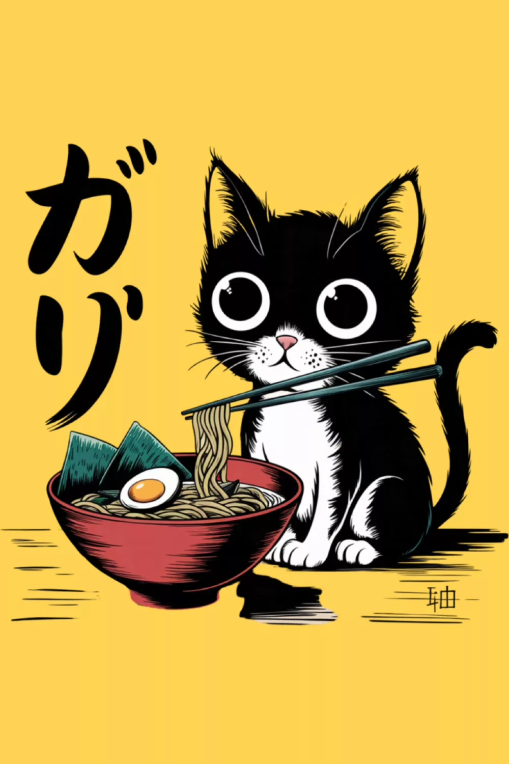 Adorable cat holding ramen noodles with a warm, wholesome vibe and simple character focus