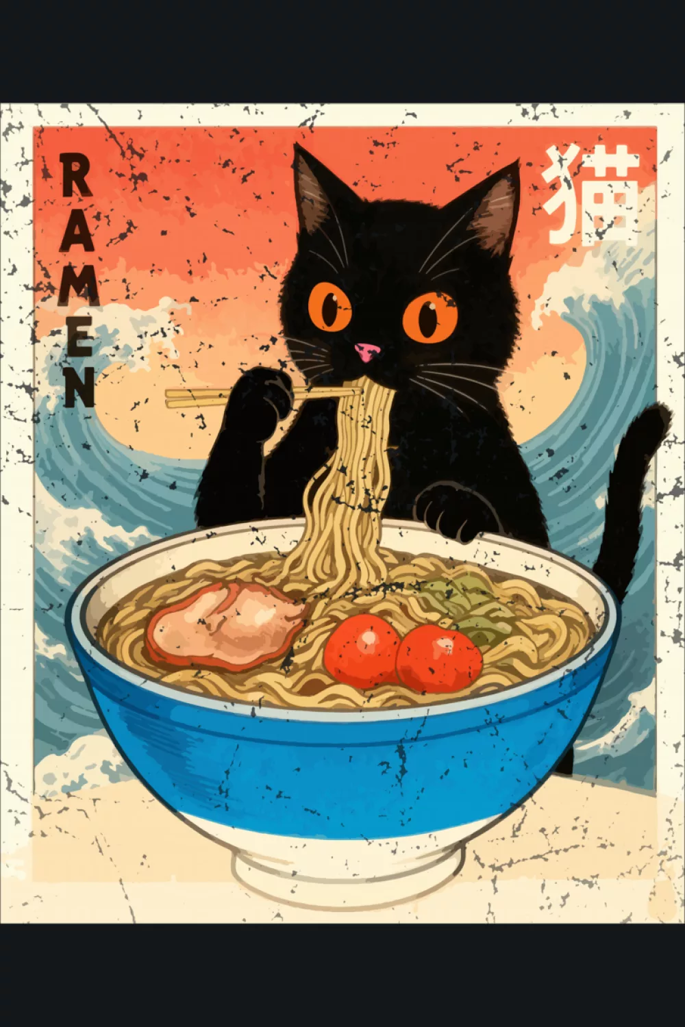Anime cat eating ramen with a playful expression and a bold bowl that feels like comfort food