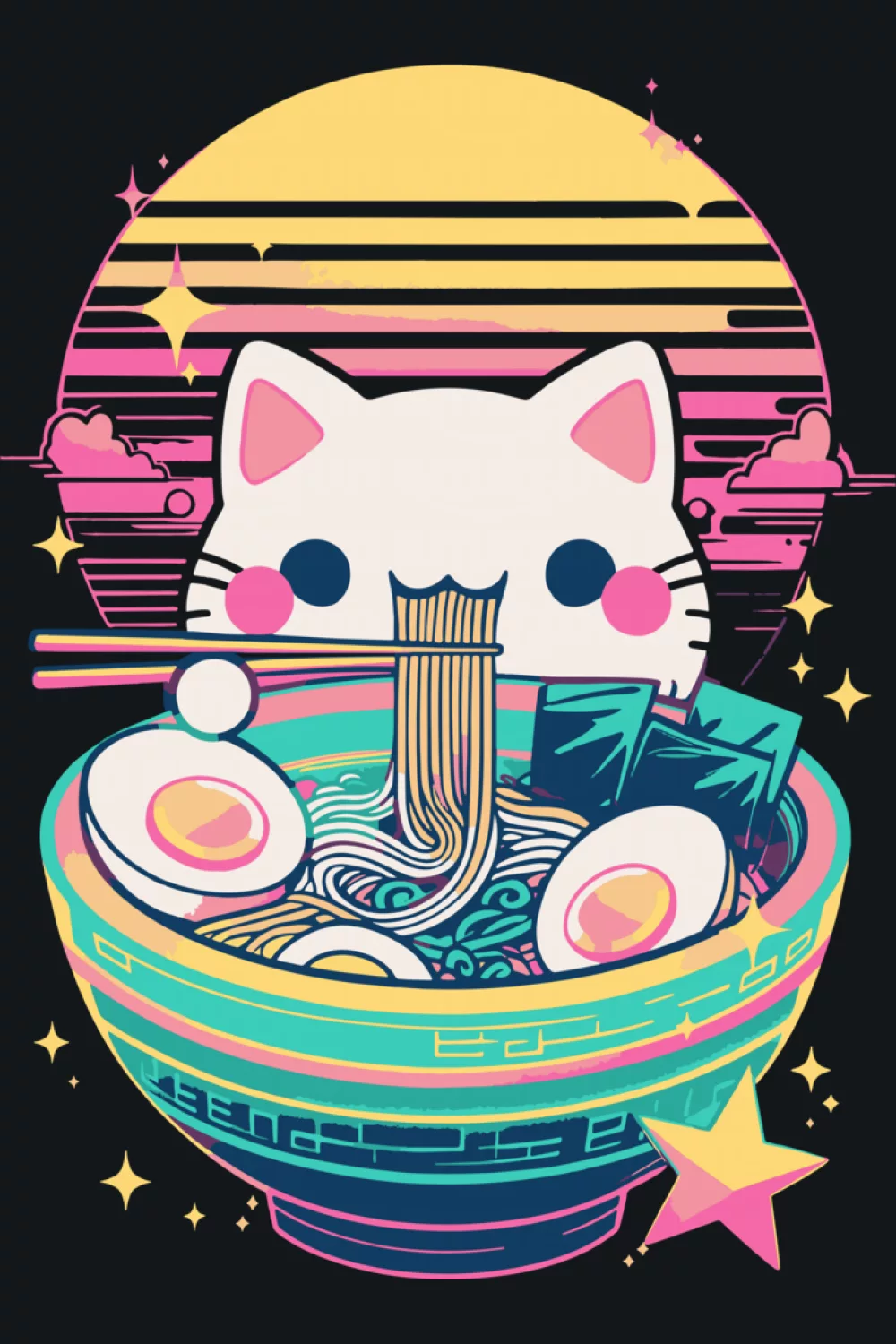 Anime cat eating ramen with a classic bowl pose and a cozy Japan inspired mood