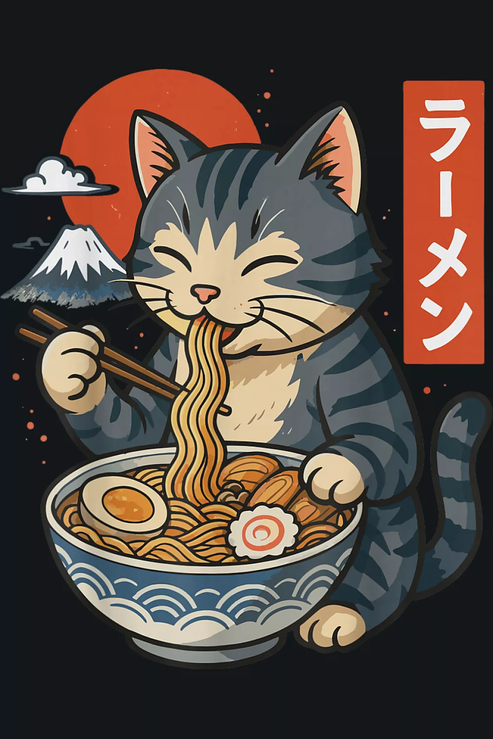 retro noodle loving kitty illustration for anime cat ramen shirts, featuring a cat happily slurping ramen in a bold Japanese poster mood