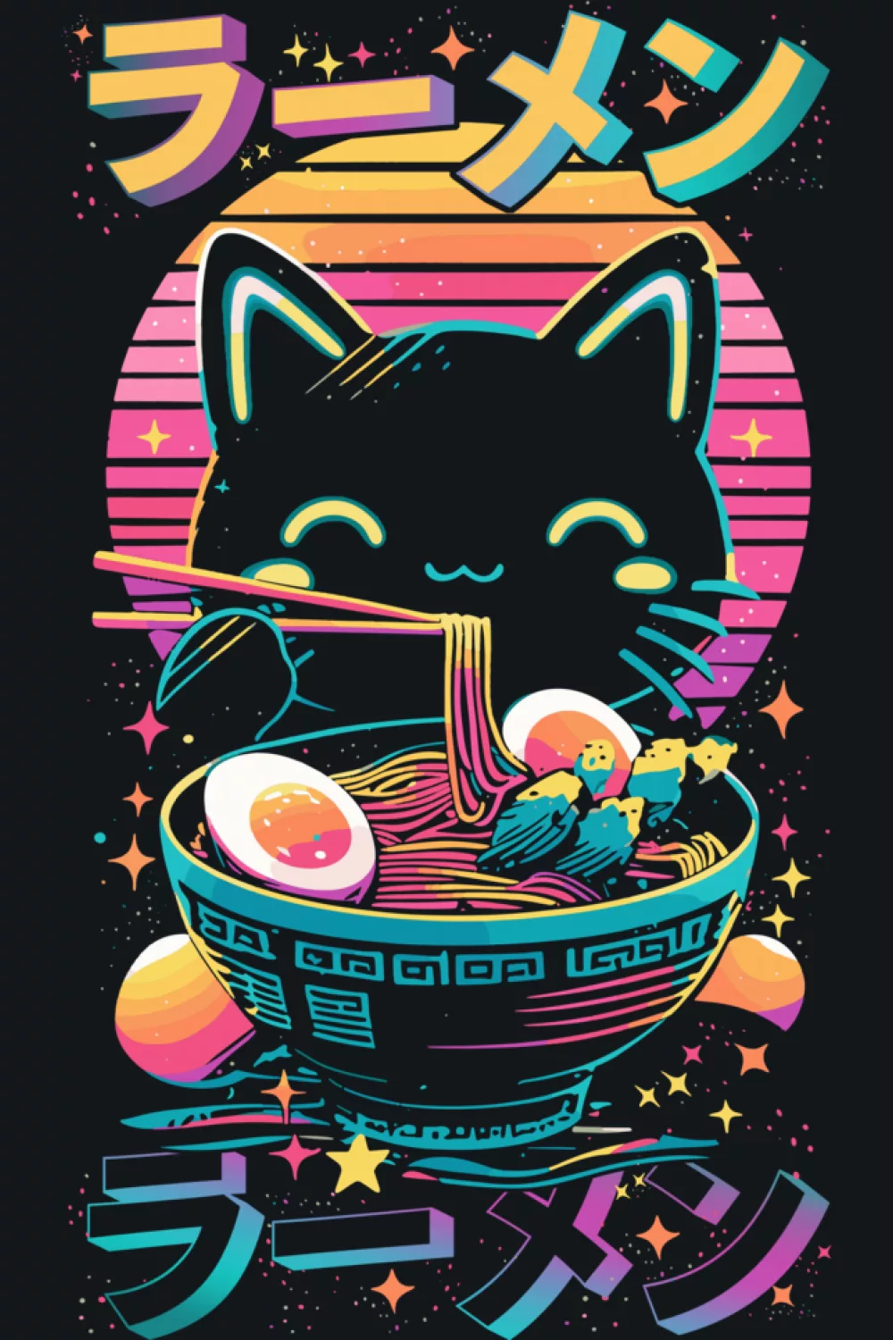 neon styled ramen cat with bright accents, playful retro nightlife mood and bold color pops