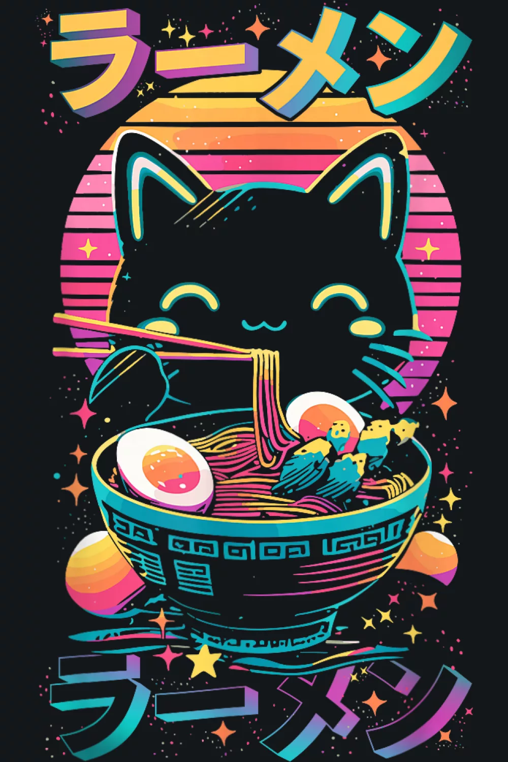 Retro kawaii ramen cat eating noodles with a bright bowl and a simple framed poster look