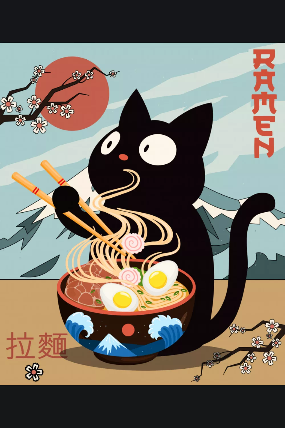 Instant noodle themed ramen cat with a quick snack vibe and bold poster lettering