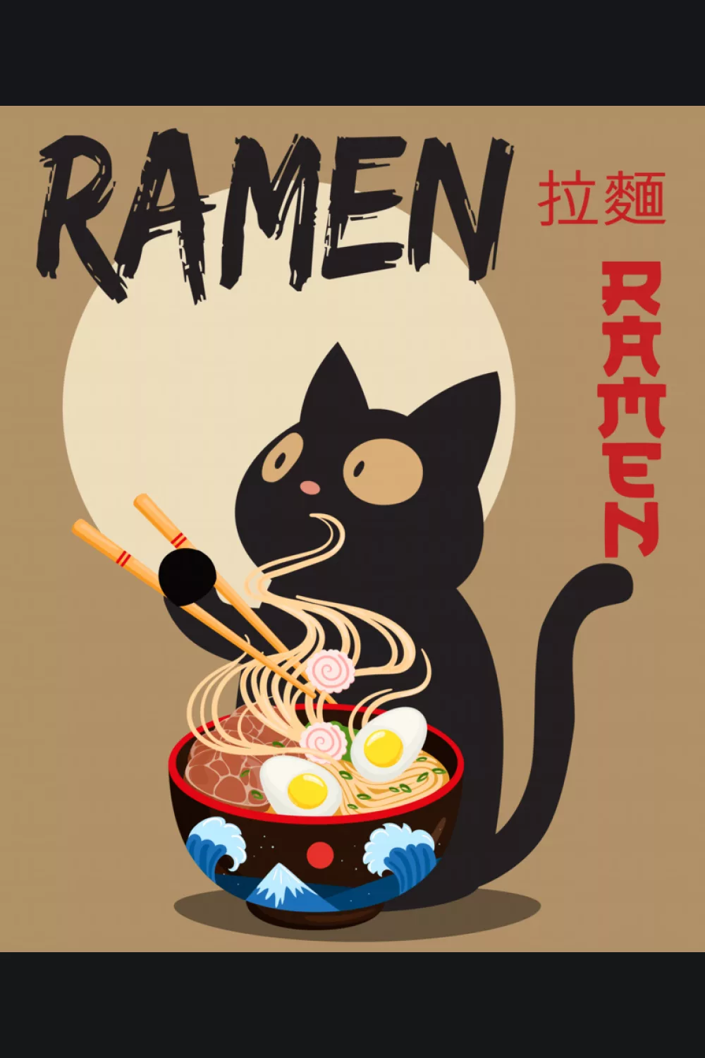 Instant noodles theme with a cat enjoying ramen and a late night snack mood