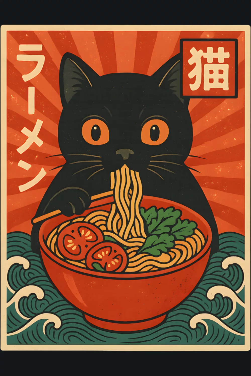 Retro black cat ramen with a modern date stamp vibe and bold orange poster energy