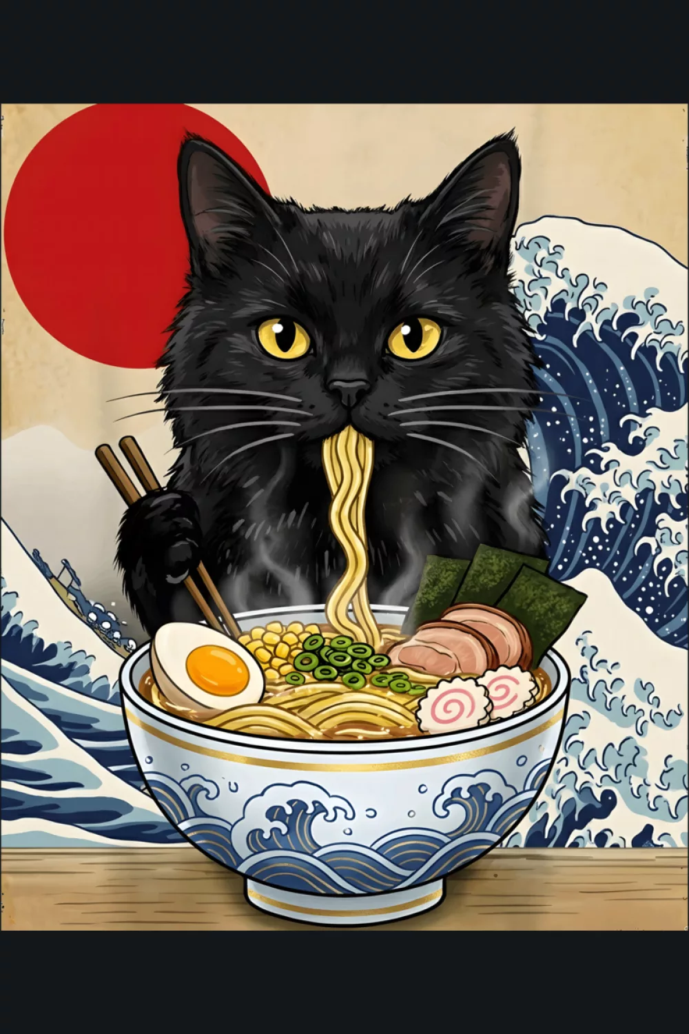 Funny anime cat enjoying ramen with a bold bowl and playful poster typography