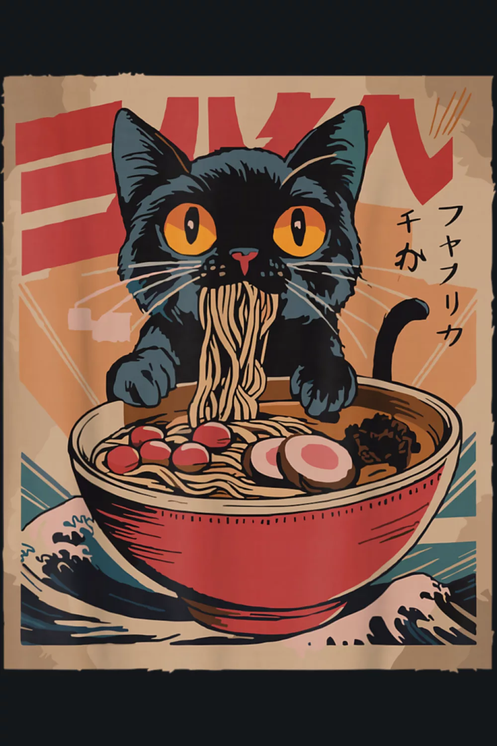 Funny anime ramen cat poster with a confident character pose and bold Japanese framing
