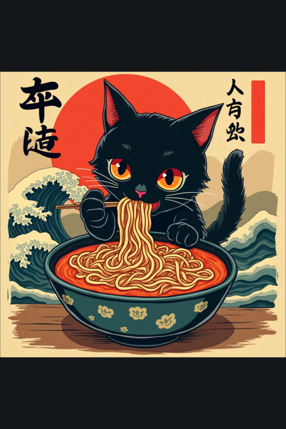 Funny ramen cat with bold bowl lines and a lively pose that feels energetic and upbeat