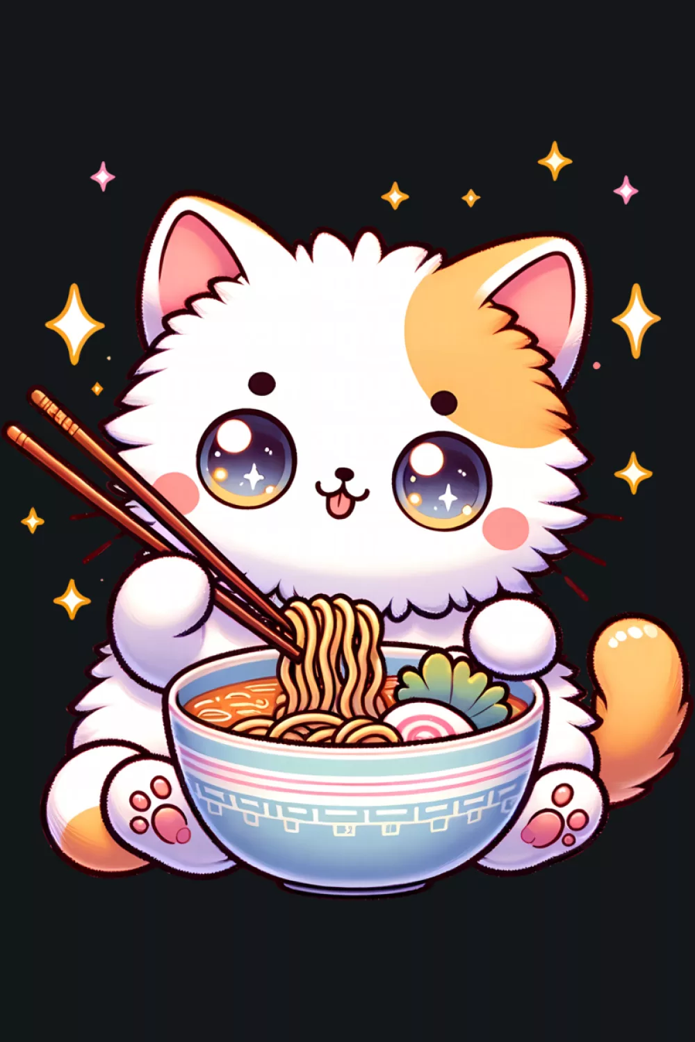Funny anime ramen cat graphic with bright color and a clean readable character focus