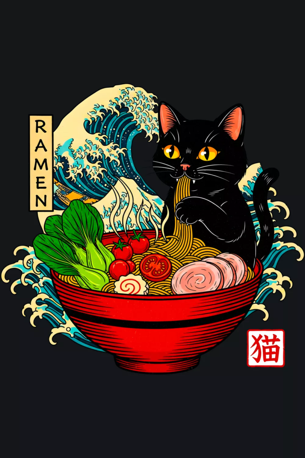 Kawaii humor ramen cat with bold contrast and a focused bowl scene that stands out