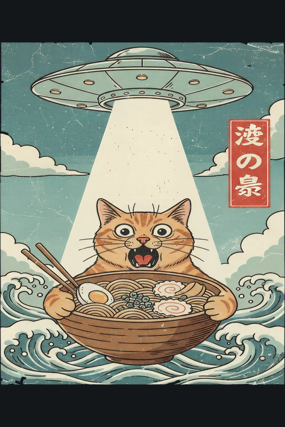 Kawaii humor ramen cat with a compact layout and playful character emphasis
