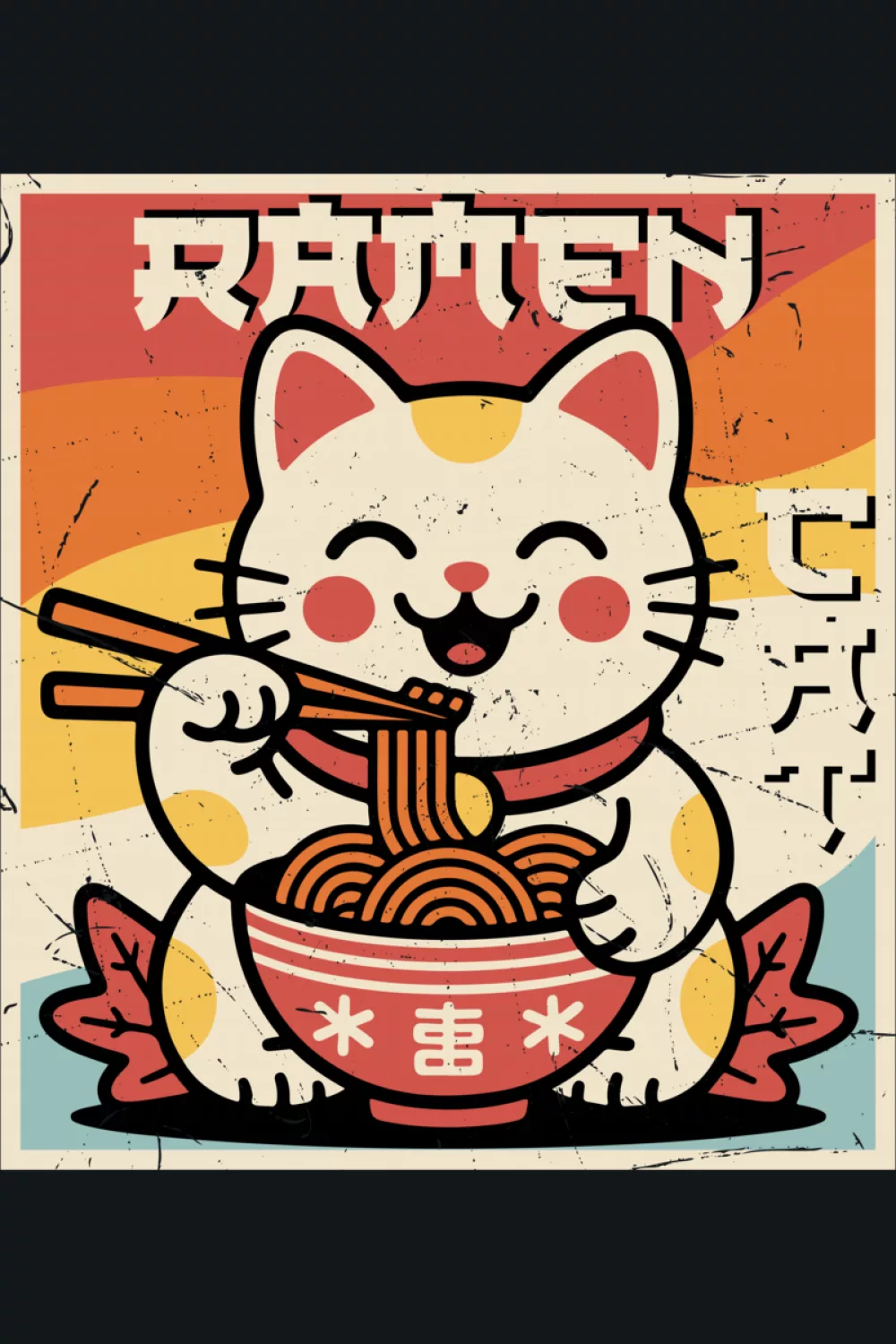 Kawaii humor ramen cat with bold shapes and a quick read, poster like composition