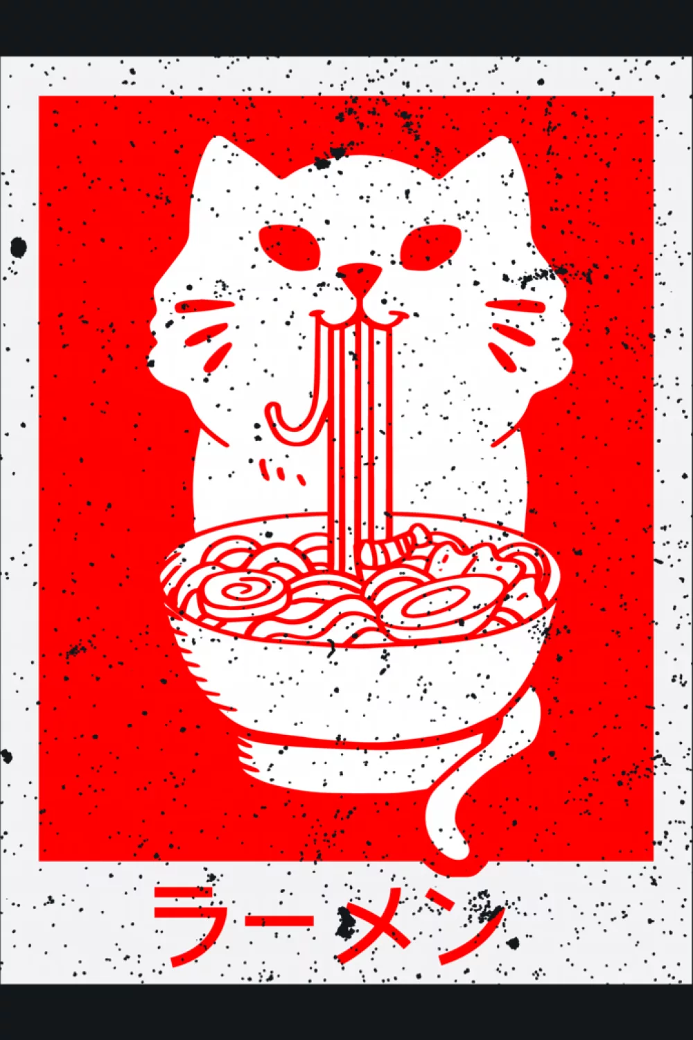 black background ramen cat scene with bright bowl details, minimalist layout and strong contrast
