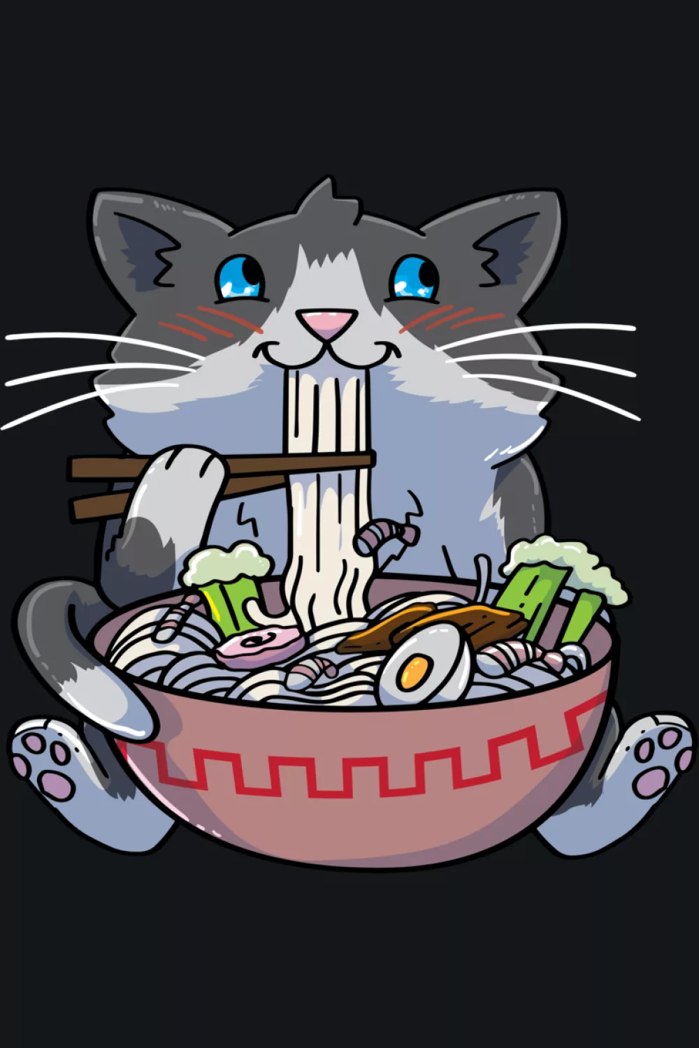 cute cat sitting in a ramen bowl with simple shapes, sweet expression and friendly kawaii mood