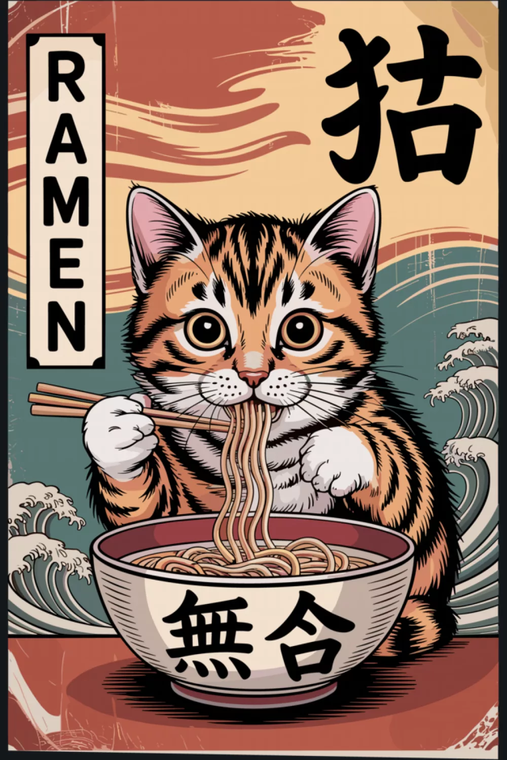 Kawaii Japanese aesthetic ramen cat with soft tones and a neat poster frame