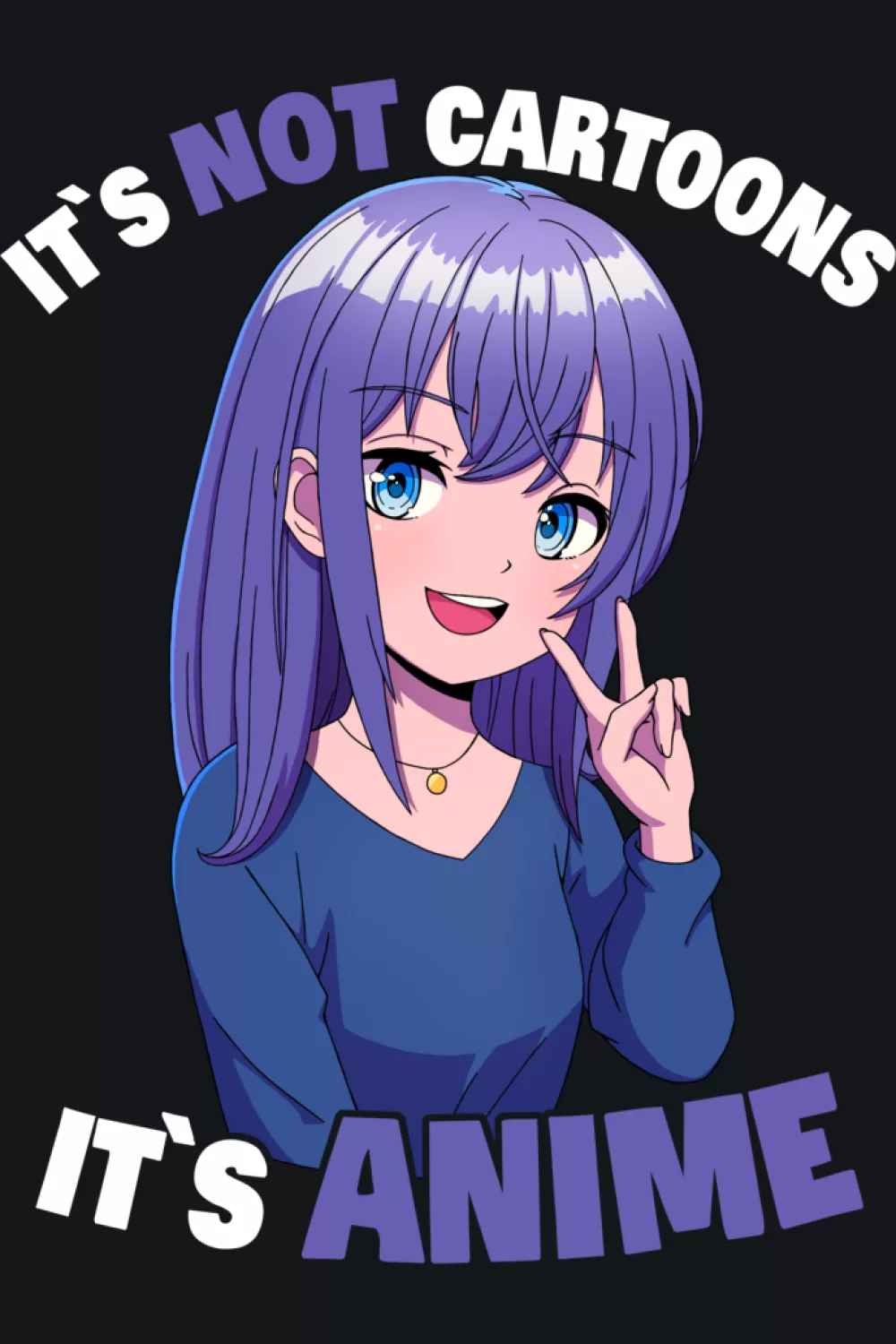 blue haired anime girl greeting viewers while the text reminds them this is anime