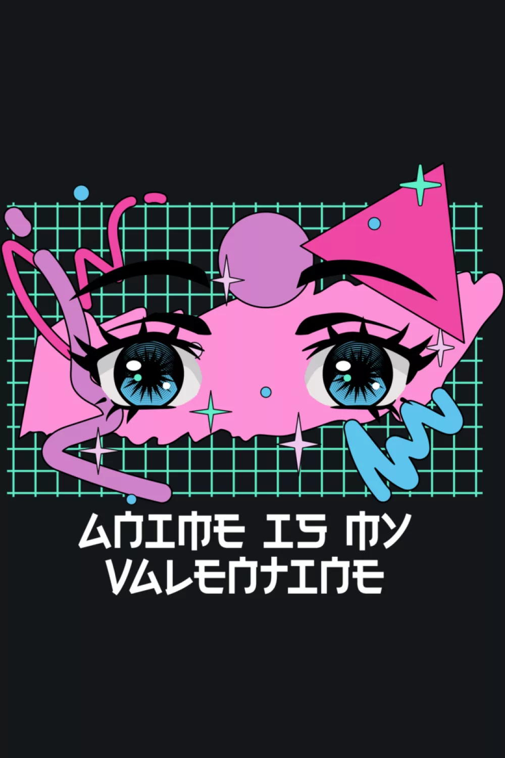 retro cyber vibe with bright accents and anime is my valentine wording for a bold feed friendly look