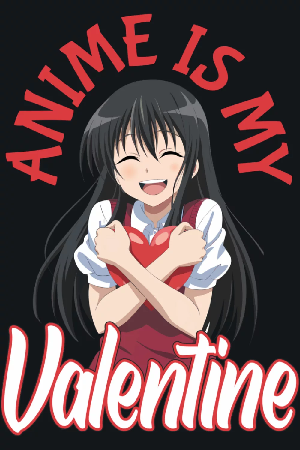 smiling anime girl with heart themed valentine lettering for a cheerful fandom romance vibe