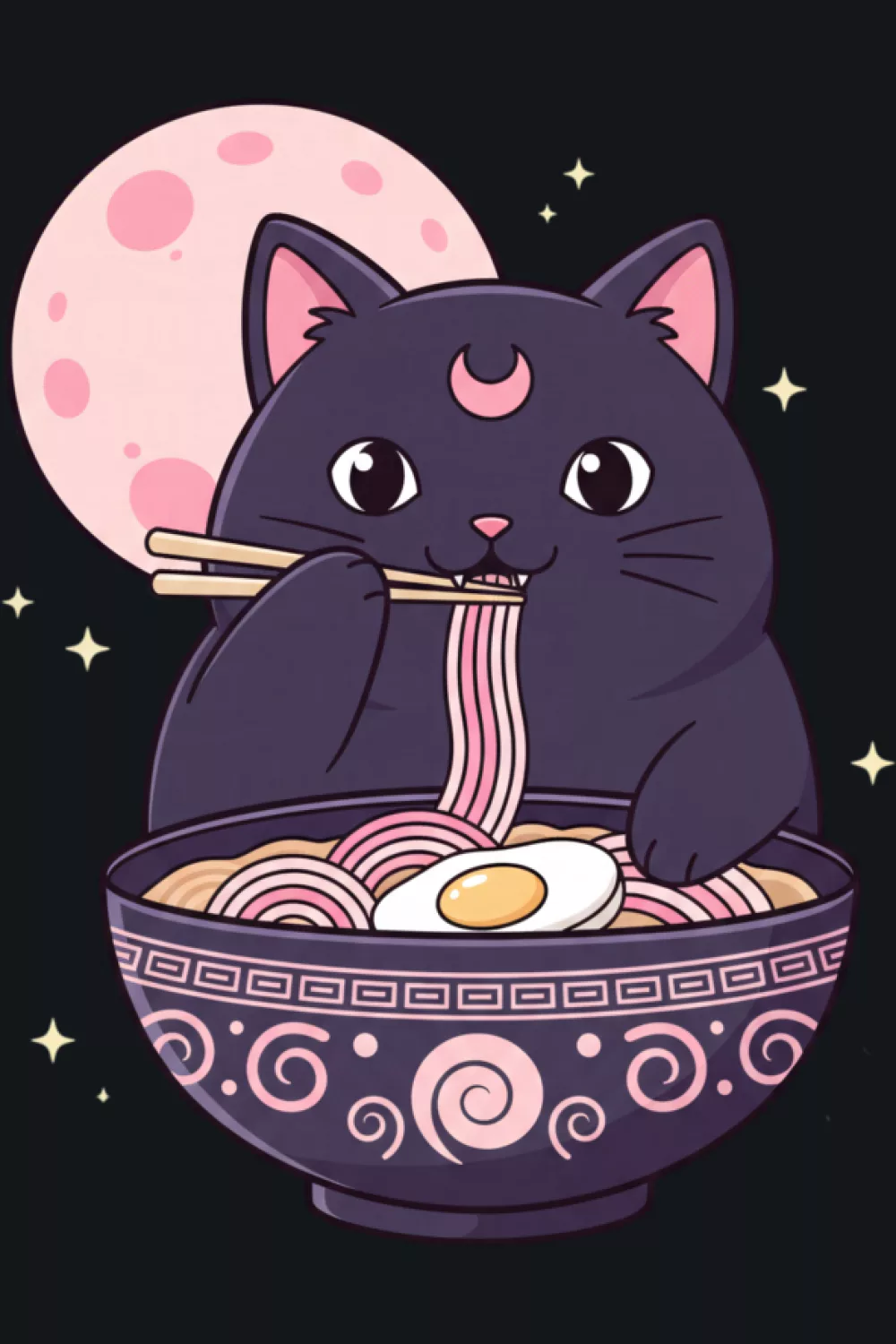 Moon themed neko eating ramen with dreamy night vibes and soft, cute character styling